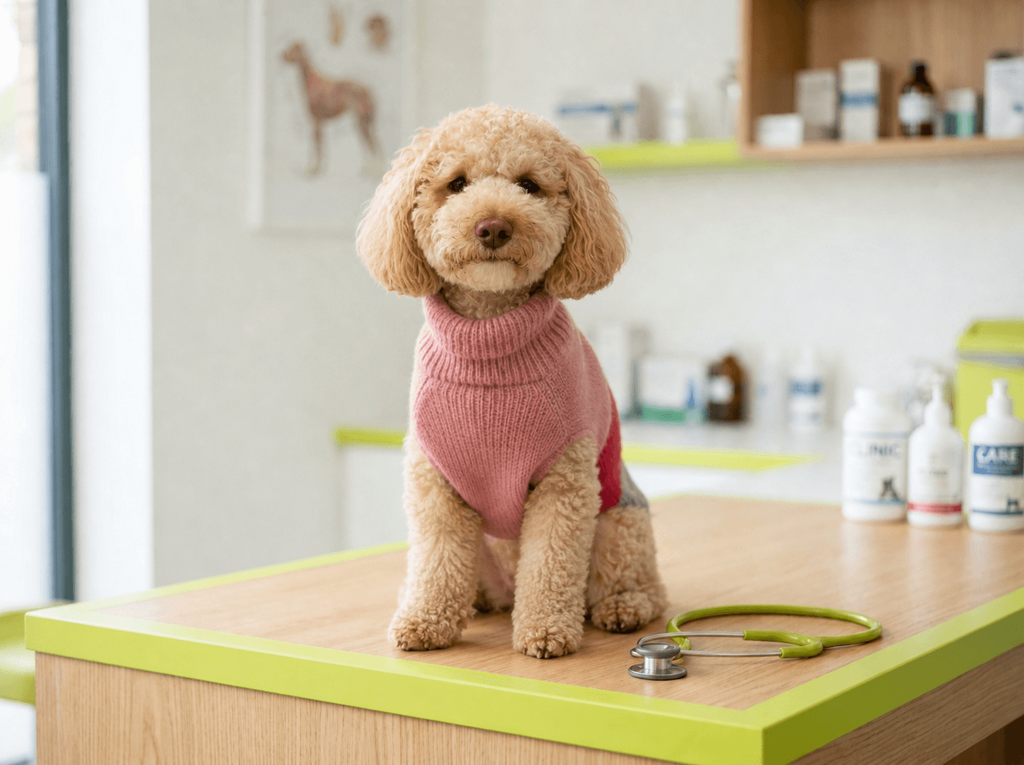 Perro Cocker Spaniel en consulta veterinaria junto a un estetoscopio