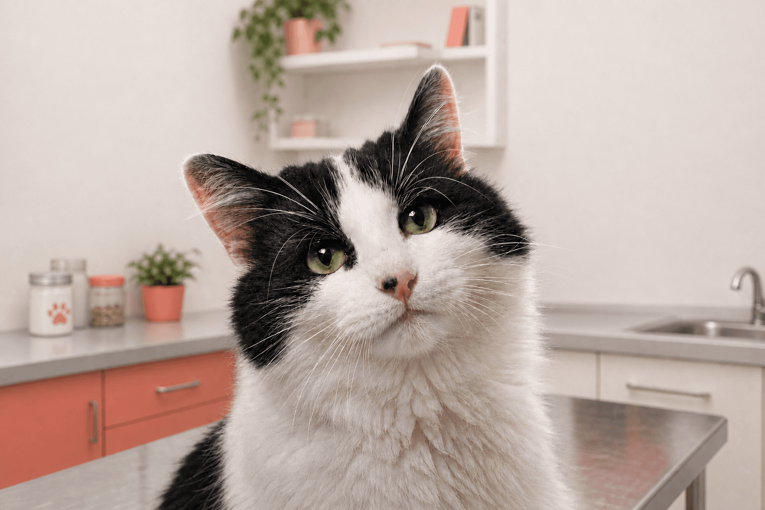 Gato blanco y negro sobre la mesa de acero de la consulta, con el mesón de la clínica detrás