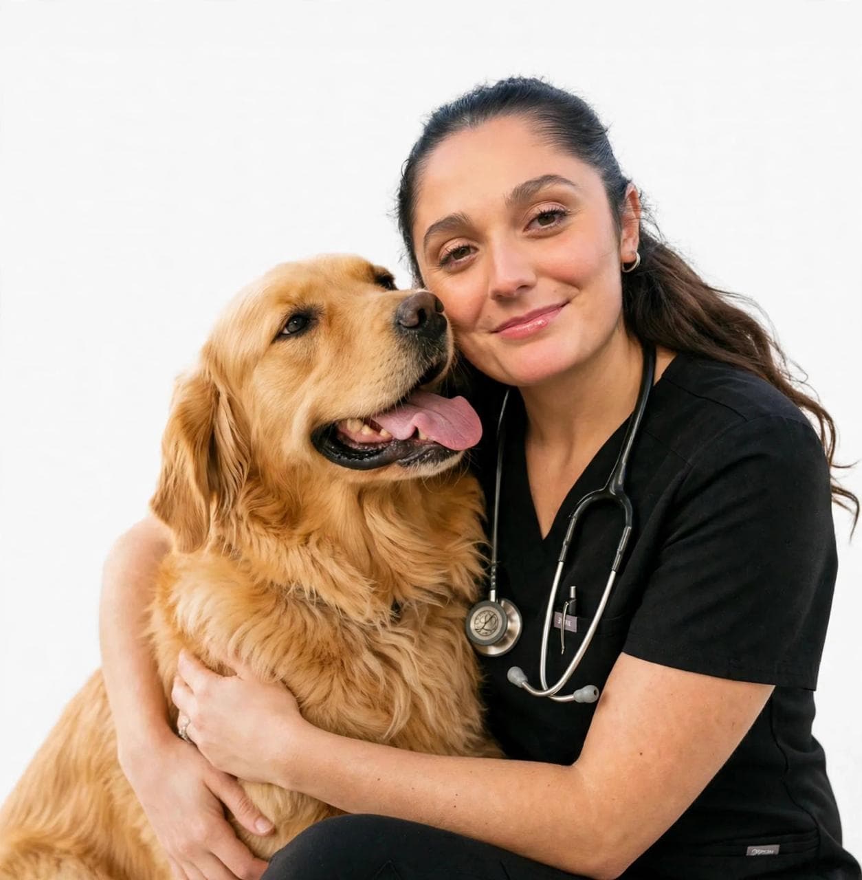 Una veterinaria de ambo negro, con estetoscopio al cuello, abrazando a un golden retriever